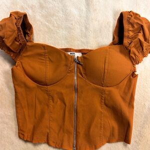 Steve Madden Rust Orange Cropped Bustier Top with Puff Sleeves